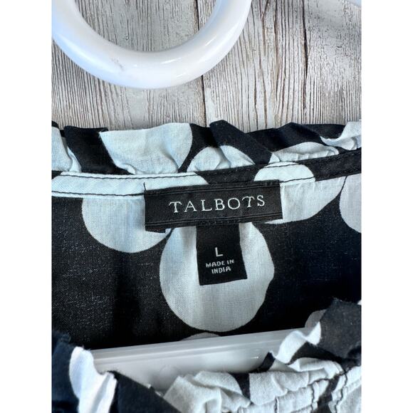 Talbots Blouse Womens L Black White Semi Sheer Ruffle Neck Lightweight Pullover - Picture 6 of 7